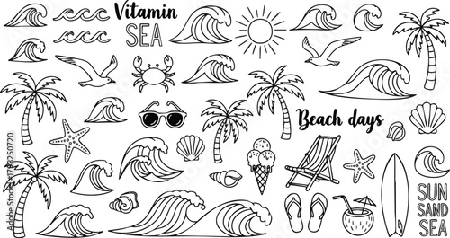 Summer beach vector design elements. Hand-drawn outline illustrations featuring waves, palm trees, sun, seagulls, and seashells