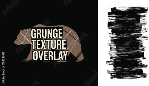 Vector grunge texture overlay with a bear silhouette. Modern design element on a black background gives an urban, distressed feel