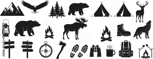 Vector icons for camping and wilderness. Silhouettes of wild animals, outdoor gear, and nature elements. Perfect for rugged, adventurous designs