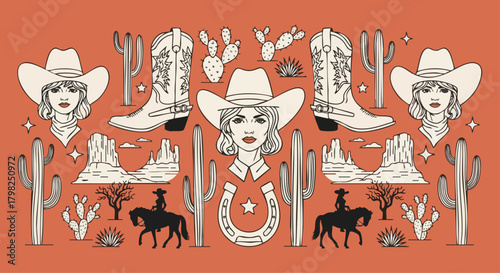 Vector illustration collage celebrating Western style with a cowgirl portrait, cowboy boots, cacti, mesas, and horse silhouettes against a rustic red background