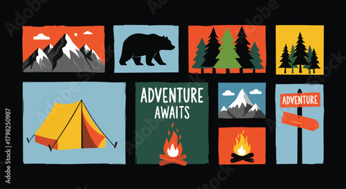 Vector illustration featuring camping and outdoor adventure elements