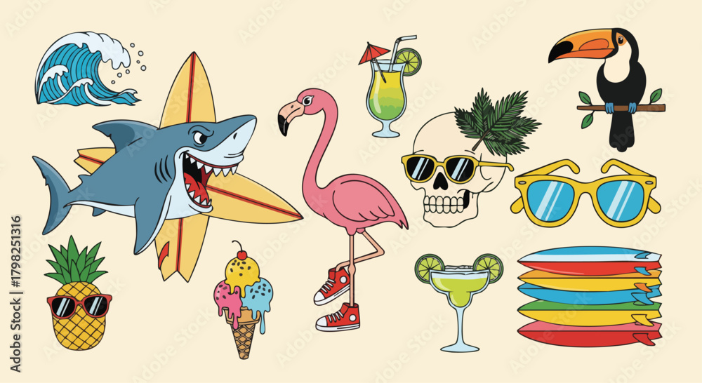 Naklejka premium Vibrant summer vacation icons illustration
