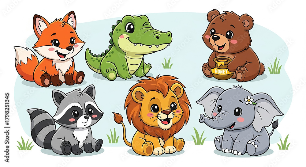 Fototapeta premium Cute baby animal cartoon characters set sitting