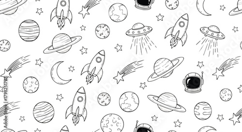 Whimsical doodle seamless pattern featuring rockets, planets, moons, stars, and astronauts, evoking a sense of wonder and cosmic exploration