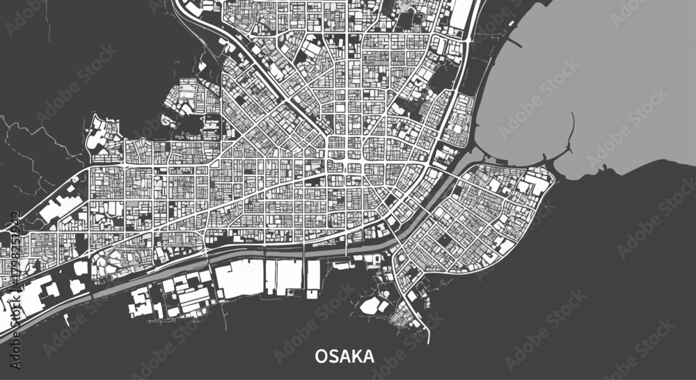 Obraz premium A clean and minimalist overhead map illustration of Osaka, Japan, showcasing the city's urban layout, streets, and coastal features