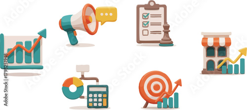 A collection of flat design icons representing business concepts: growth charts, a megaphone for announcements, a checklist with a chess piece for strategy, and a store with rising profits