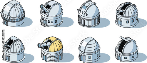 A collection of isometric cartoon observatory domes and telescope buildings