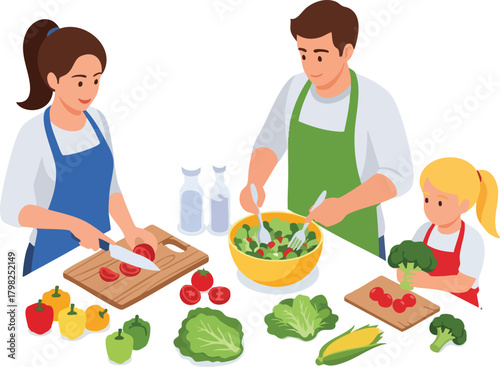 A family enjoys preparing a healthy meal together in a bright, clean kitchen