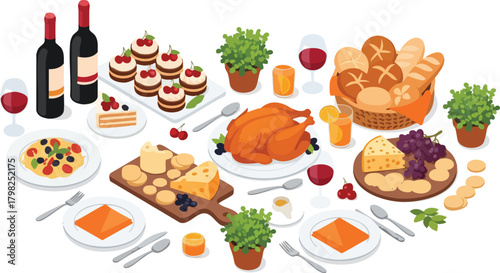 A festive and abundant isometric feast with a roasted chicken, wine, bread, cheese, pasta, desserts, and beverages, perfect for holidays and celebrations