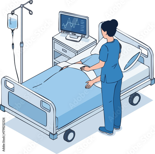 A nurse in blue uniform attends to a patient in a hospital bed, monitored by an ECG machine, with an IV drip. Healthcare scene