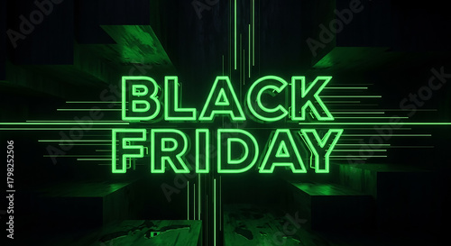 Black friday neon sign glowing green in dark
