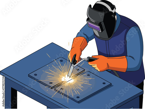 A welder wearing protective gear performs MIG welding on metal plates secured to a blue workbench, creating sparks and demonstrating industrial skill