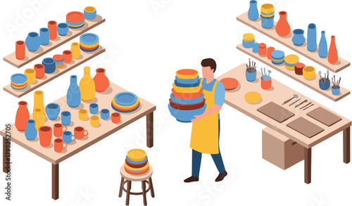 An isometric illustration depicts a vibrant pottery workshop where a crafter carries a stack of freshly made colorful ceramic bowls