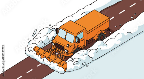 An isometric illustration of an orange snow plow truck clearing a road during winter