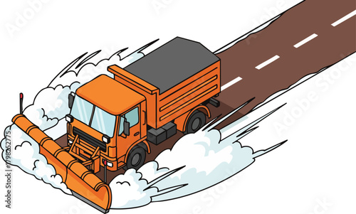 An orange snow plow truck clears a winter road, pushing away snow with its plow blade and creating a spray effect
