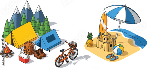 Camping and beach vacation illustration. A cartoon illustration features a mountain camping scene with tents, fire, and gear, and a beach scene