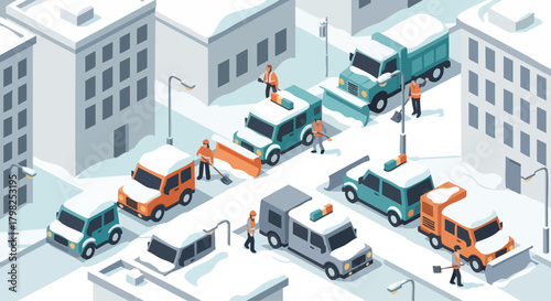 City services maintenance crew clearing roads and rooftops after a major winter blizzard