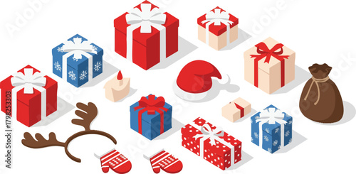 Collection of isometric Christmas gifts, Santa hat, reindeer antlers, mittens, and candle on a white background