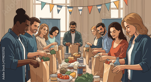 Diverse group of volunteers packing groceries into bags at a food bank. Illustration showing community support, generosity, and helping those in need