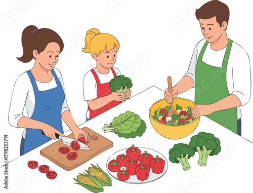 Family prepares a salad in the kitchen. They are chopping vegetables, mixing salad, and having a good time together