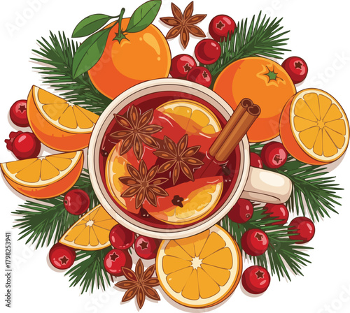 Festive illustration of mulled wine in a mug surrounded by oranges, cranberries, star anise, and evergreen branches, perfect for Christmas and winter recipes