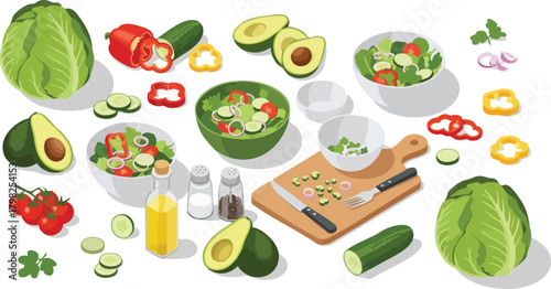 Fresh and healthy ingredients for a vibrant salad are arranged on a white background