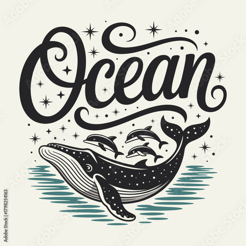 Decorative Ocean Whale and Dolphin Illustration with Handwritten Lettering Style Art