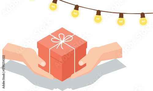 Hands holding a vibrant red gift box with a white ribbon, under warm string lights. This isometric illustration embodies giving, celebration, and joy