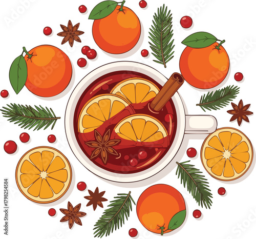 Illustration of a mug of mulled wine with oranges, star anise, and cinnamon. Festive Christmas drink with holiday decorations