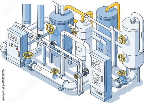 Illustration of an industrial plant, stylized in an isometric perspective. Depicts pipelines, tanks, valves, and control panels