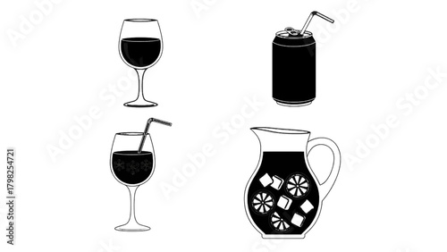 Vector illustration of assortment of drink containers including glasses, a can, and a pitcher on a transparent background