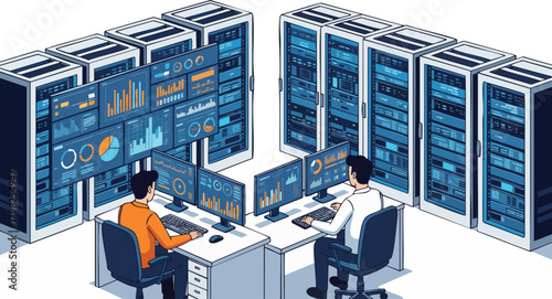 Illustration of two data scientists analyzing information on screens within a server room