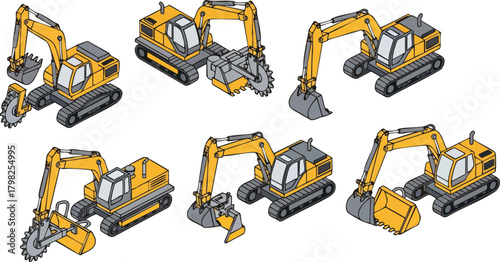 Illustration of various excavator machinery. Isometric vector art construction equipment. Includes earthmoving, digging and construction vehicles