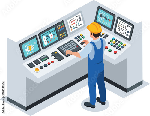 Industrial worker operating a sophisticated control panel with multiple screens and buttons