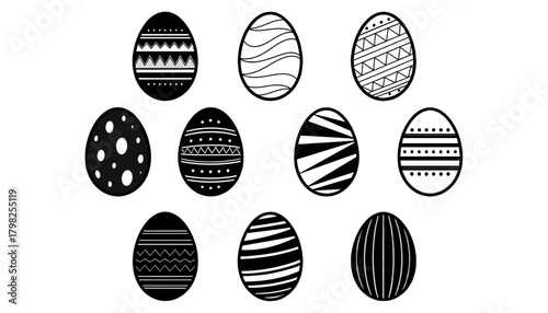 Set of Decorative Easter Eggs Solid and Outline Icons: Collection of Abstract, Striped, Zigzag, and Geometric Pattern Symbols for Holiday and Spring Design