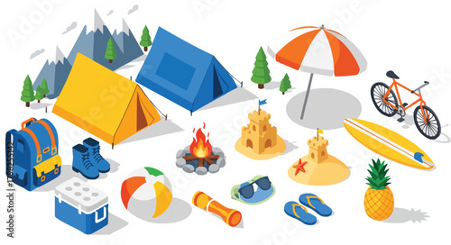 Isometric camping and beach illustration showcasing a variety of leisure activities