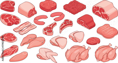 Isometric cartoon collection of raw meat cuts, including beef, pork, and poultry, ideal for butcher shop menus or food industry concepts
