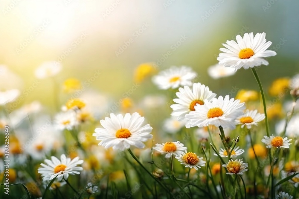 Fototapeta premium Fresh real daisy flowers, blossoms, growing in meadow grass on a warm sunny spring summer day with a bright sunlit sky background