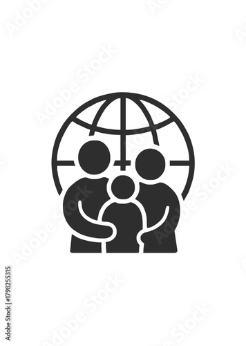 Family unity icon with three people embracing in front of a globe symbol for global community and togetherness themes
