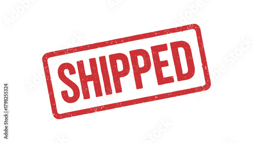 Red rubber stamp text SHIPPED rectangular outline bold capital letters distressed texture rotation isolated on white background vector illustration clean minimal style