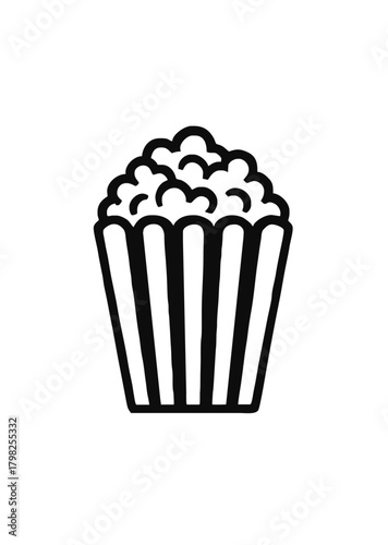 Popcorn bucket icon in bold minimalist style symbolizing cinema snacks entertainment movies leisure fun and theater experiences with classic striped container design
