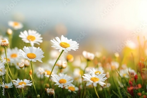 Fototapeta Naklejka Na Ścianę i Meble -  Fresh real daisy flowers, blossoms, growing in meadow grass on a warm sunny spring summer day with a bright sunlit sky background