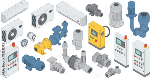 Isometric collection of diverse industrial equipment, featuring various pumps, electric motors, and HVAC units