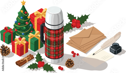 Isometric festive flat lay with Christmas gifts, a plaid thermos, holly, pinecones, and materials for writing holiday correspondence