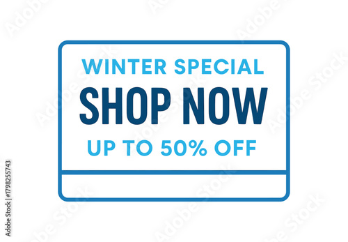 Flat vector banner design top text WINTER SPECIAL main text SHOP NOW bottom text UP TO 50% OFF white and blue clean rectangular shape
