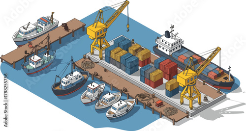 Isometric illustration of a busy port with cargo ships, cranes, and smaller boats docked at piers, ready for loading and unloading operations