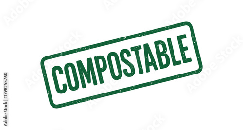 Green rubber stamp text COMPOSTABLE rectangular outline bold capital letters distressed texture rotation isolated on white background vector illustration clean minimal style