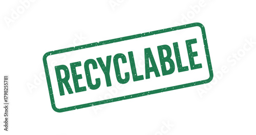 Green rubber stamp text RECYCLABLE rectangular outline bold capital letters distressed texture rotation isolated on white background vector illustration clean minimal style