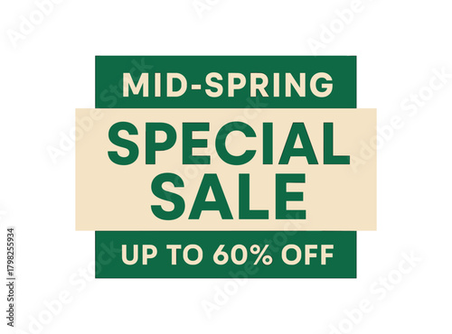 Flat vector banner design top text MIDSPRING main text SPECIAL SALE bottom text UP TO 60% OFF green and beige rectangular geometric banner