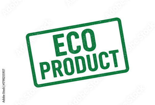 Green rubber stamp text ECO PRODUCT rectangular outline bold capital letters distressed texture rotation isolated on white background vector illustration clean minimal style